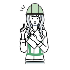 立って書類を手に持って何かひらめいた工事現場の女性