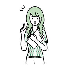 立って書類を手に持って何かひらめいたポロシャツの女性