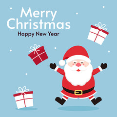 Merry Christmas and happy new year greeting card with cute Santa Claus, deer, gifts. Holiday cartoon character in winter season.