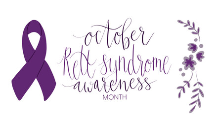 Rett Syndrome Awareness Month October handwritten lettering and purple support ribbon. Web banner vector template