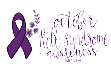 Rett Syndrome Awareness Month October handwritten lettering and purple support ribbon. Web banner vector template