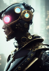 Fototapeta na wymiar Close up Portrait of a Cyborg with a Helmet and Glowing Head Lights