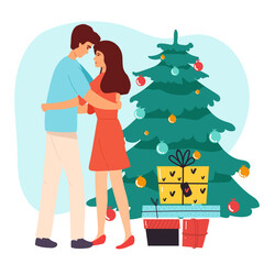 Happy couple lovers hug celebrate Christmas holiday together. Smiling man and woman have fun embrace enjoy New Year party or celebration. Entertainment, winter vacation. Vector illustration.