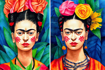Frida Kahlo mexican style portrait. Colorful illustration.