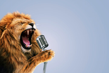 Beautiful lion holds a vintage microphone and sings karaoke. Party music, concert. Creative idea...