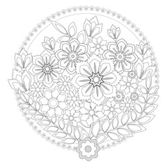 Black and white flowers round ornament. Coloring book page for children and adults.  Vector illustration