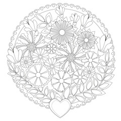 Black and white flowers round ornament. Coloring book page for children and adults.  Vector illustration