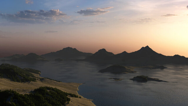 Mountains with green vegetation and a lake under a sunset sky. 3D render.