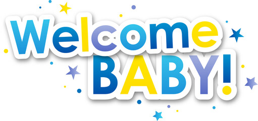 Colorful WELCOME BABY! typography banner with star motifs on transparent background