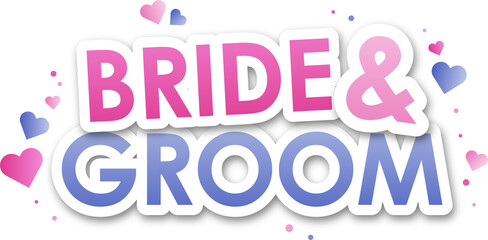 Colorful BRIDGE & GROOM typography banner with heart motifs on transparent background