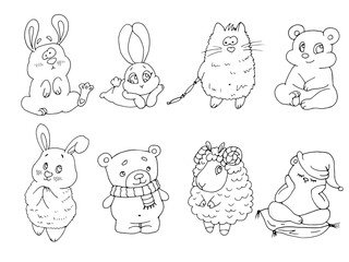 vector coloring page with cute cartoon animals