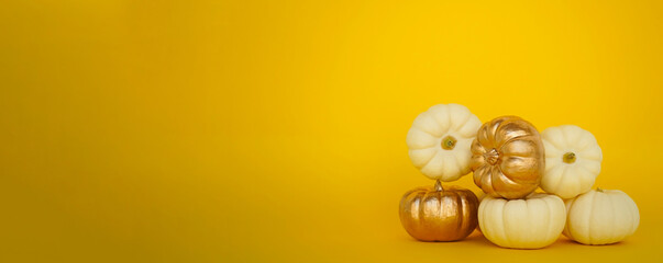 Fototapeta na wymiar Small white and golden pumpkins of the Bera Bu variety lie on a yellow background. The concept of harvest, Halloween, Thanksgiving. Space for text.