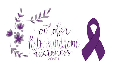 Fototapeta premium Rett Syndrome Awareness Month October handwritten lettering and purple support ribbon. Web banner vector template