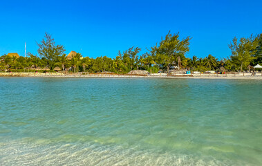 Beautiful Holbox island beach sandbank panorama turquoise water people Mexico.