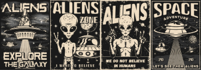 Aliens set vintage monochrome posters