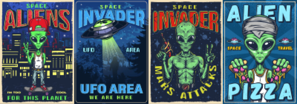 Space alien set colorful posters