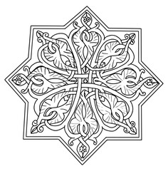 pattern in the form of an eight-pointed star based on Armenian ancient patterns. Linear drawing black outline on white background