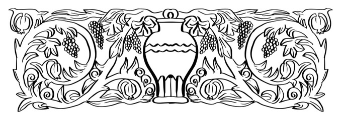 Symmetrical pattern with amphora, floral motifs, grapes and pomegranate based on ancient Armenian patterns. Linear drawing black outline on white background