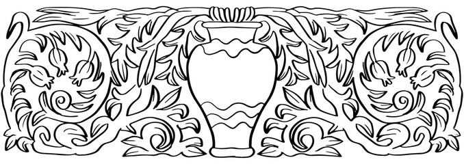 Symmetrical pattern with amphora, floral motifs and grapes  based on ancient Armenian patterns. Linear drawing black outline on white background