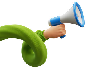 3d illustration. Cartoon character hand wearing green sweater, holds megaphone. Online social media clip art isolated on transparent background. News announcement concept