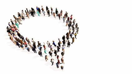 Concept conceptual large community of people forming the emplty cloud sign. 3d illustration metaphor for communication, online talking, chatting, internet discussion
