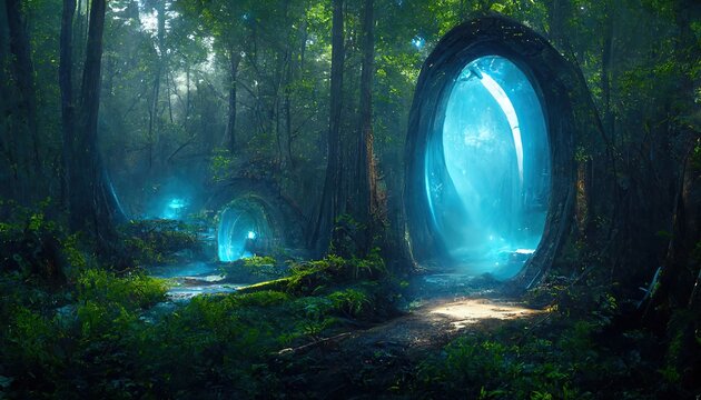 Raster illustration of portal in a beautiful fairy forest, with magical lights. Teleportation, mysticism, magical realism, wild nature, sorcerers, dense forest, wilds, parallel world. 3d artwork