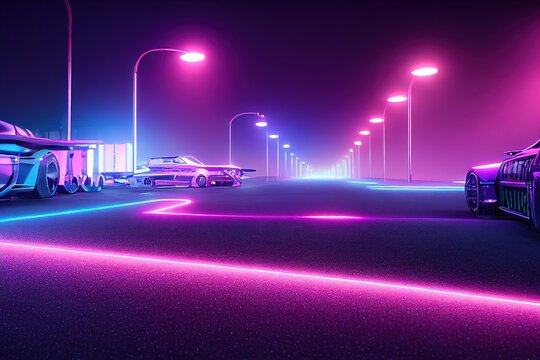 Raster illustration of road for auto racing with cars with neon lighting. Cybertruck, cyberpunk, racing cars, speed, competition, motocross, formula one. Car race concept. 3d rendering background