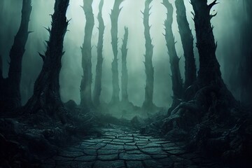 Fototapeta Raster illustration of spooky parched stream in dark scary forest under clouds of fog. Scene from horror movie, dark magic, mysticism, occultism, halloween, Magical realism. Fear concept. 3D artwork obraz