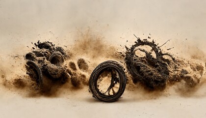 Fototapeta Raster illustration of motocross, off road and so on. Sandstorm, column of dust, tire tracks, wheels and tires from cars and motorcycles, motorcycle racing, drag racing, drift, rally. 3D rendering obraz