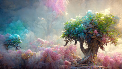 sprookjeslandschap in fantasiestijl met roze mist en magische boom