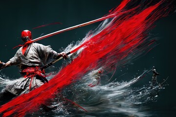 Raster illustration of samurai fights with swords. A samurai covered in blood in a gray coat brandishes a sword, war, battles, martial arts, splashes of water and blood. 3d artwork - obrazy, fototapety, plakaty
