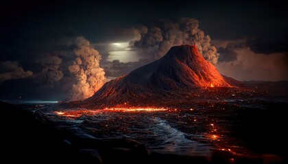 Raster illustration of beautiful night volcanic eruption across the sea. Mountain, rock. magma, plasma, fire, eruption, natural disaster. The power and beauty of nature concept. 3d rendering artwork - obrazy, fototapety, plakaty