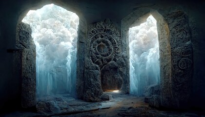 Raster illustration of lost relics portal in ancient ruins in a deep cave. Archtology, runes, magic spells, ancient burial, pillars, magical realism, parallel world, stone and granite. 3D artwork - obrazy, fototapety, plakaty
