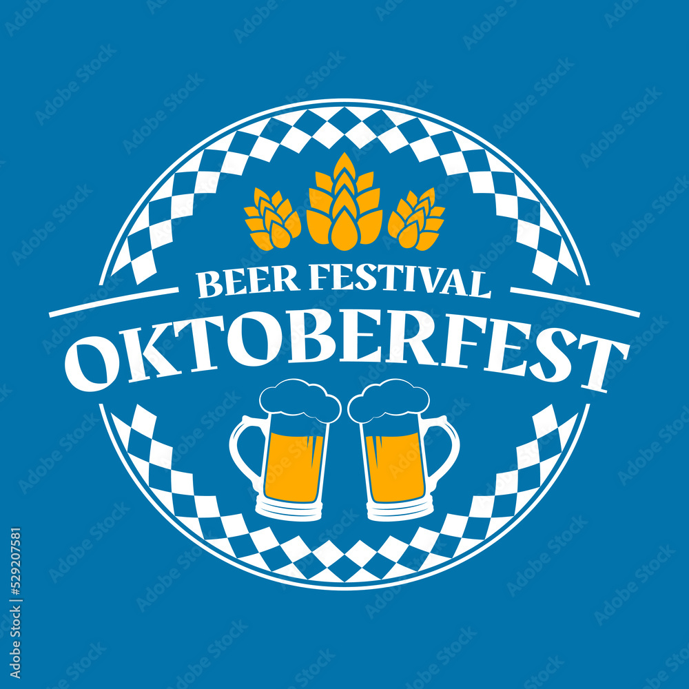 Wall mural Oktoberfest logo, label or icon. Beer fest round badge with mugs and malt. German, Bavarian October festival design element. Vector illustration.