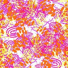 Fototapeta premium Fantasy messy freehand doodle geometric shapes seamless pattern. Infinity ditsy scribble abstract card, layout. Creative background. Textile, fabric, wrapping paper.
