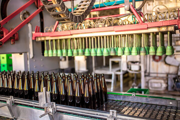 Brewery factory spilling beer into glass bottles on conveyor lines. Industrial work, automated production of food and drinks. Glass products. Bottles for drinks. Technological work at the factory.