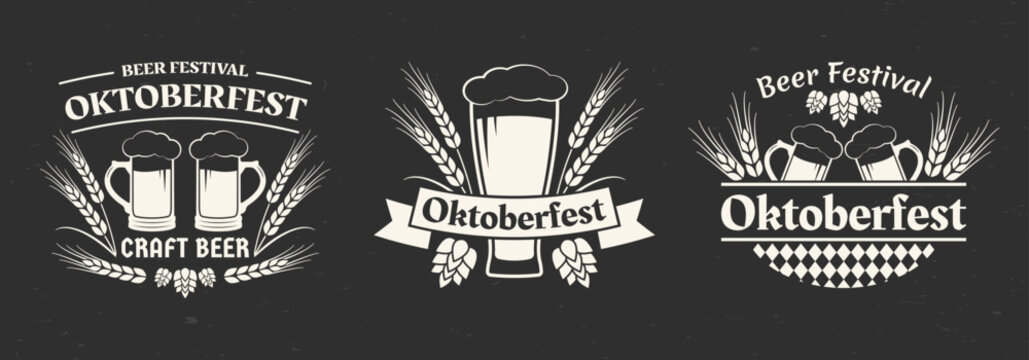 Oktoberfest label, logo or badge design. Beer emblem set isolated on a grunge background. Bavaria brewery festival. October fest icons with beer mug, glass, wheat and malt. Vector illustration.