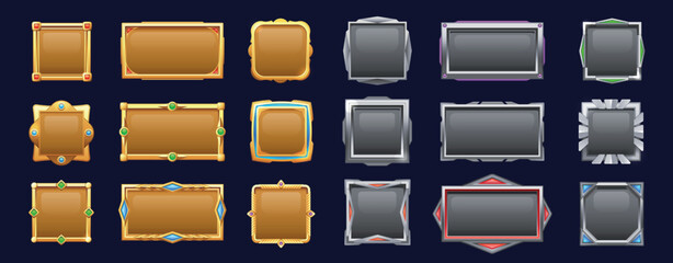 Game menu buttons. Cartoon metal user interface frames, 2D sprite graphic design for web mobile app RPG game asset. Vector isolated collection