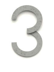 Number 3 made of several separate cement pieces lying on top of each other with 3D effect and shadows on white background, 3d rendering