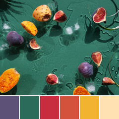 Color matching palette from image of exotic fruits in splashing water. Purple fig, yellow and...