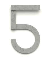 Number 5 made of several separate cement pieces lying on top of each other with 3D effect and shadows on white background, 3d rendering