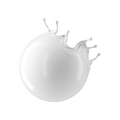 3d render, round milk splash isolated on blue background. White paint splashing. Liquid spherical clip art.