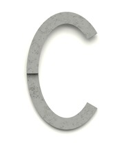 Letter C made of several separate cement pieces lying on top of each other with 3D effect and shadows on white background, 3d rendering