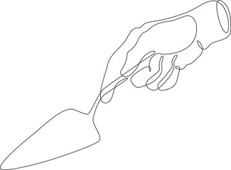 One continuous line.Hand of the builder with a trowel. Trowel in the hand of a bricklayer. Spatula in hand.Construction and repair.One continuous line is drawn on a white background.