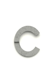 Small letter c made of several separate cement pieces lying on top of each other with 3D effect and shadows on white background, 3d rendering