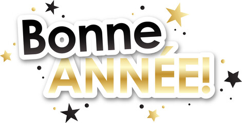 BONNE ANNEE! bannière typographique vecteur en or et noir avec des étoiles