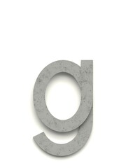 Small letter g made of several separate cement pieces lying on top of each other with 3D effect and shadows on white background, 3d rendering