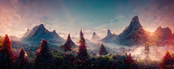 Photo sur Plexiglas Vert bleu Paysage magique de conte de fées des montagnes dans le brouillard lilas