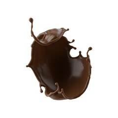 3d render, chocolate splash, cacao drink or coffee, splashing cooking ingredient. Brown beverage. Abstract wavy liquid clip art isolated on transparent background