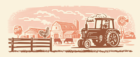 Country farm with tractor and rooster. Countryside line sketch - obrazy, fototapety, plakaty